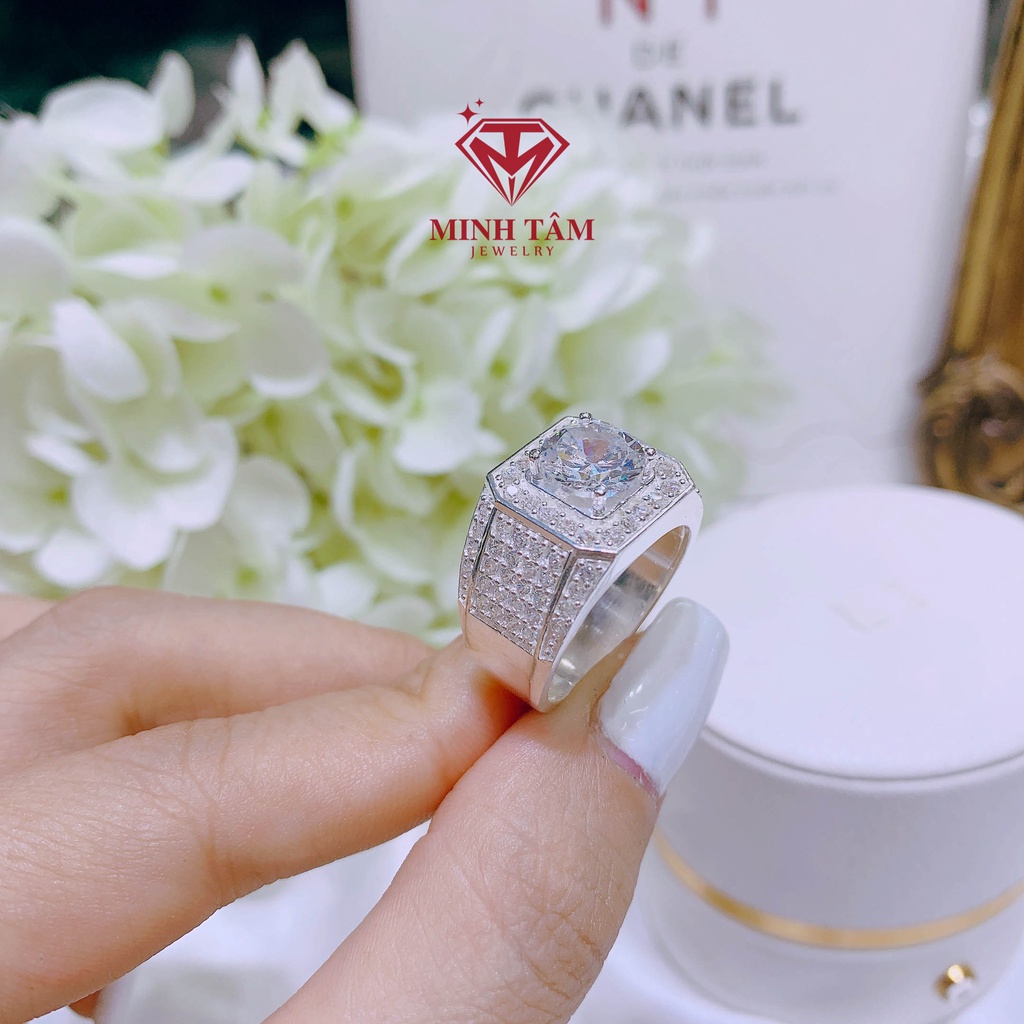 Nhẫn bạc nam full nửa hàng đá ổ 6 ly chất liệu bạc ta Minh Tâm Jewelry