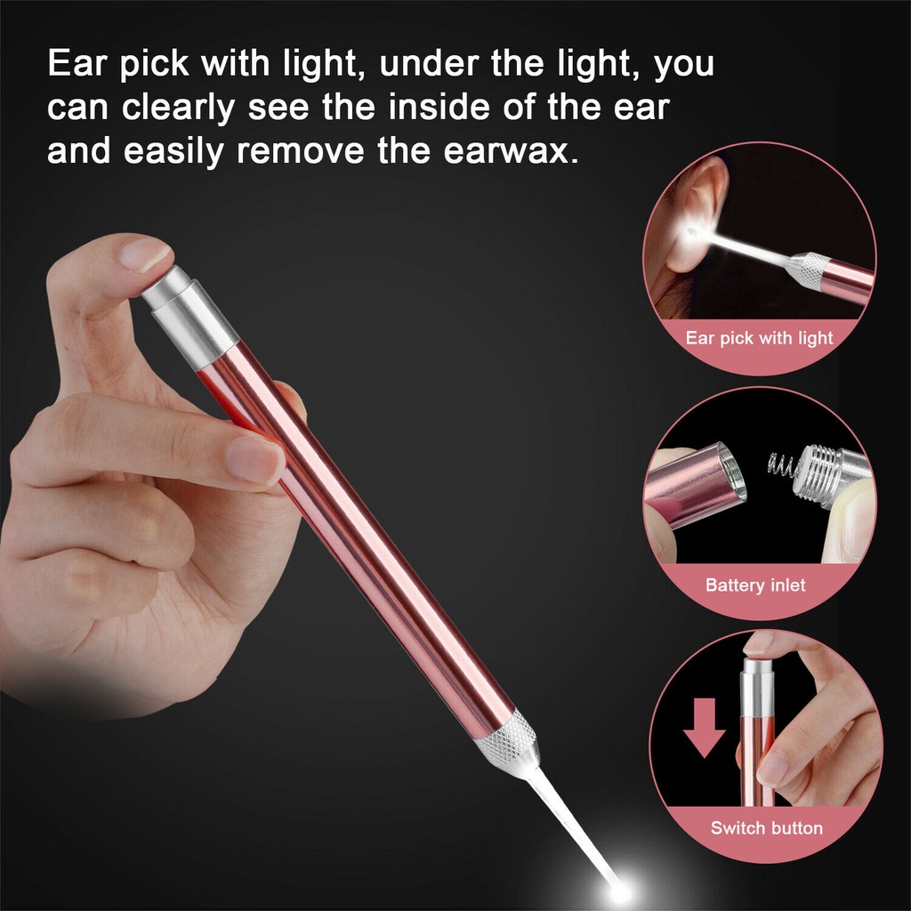 Bộ 7 dụng cụ lấy ráy tai có đèn LED bằng thép không gỉ màu vàng hồng cao cấp