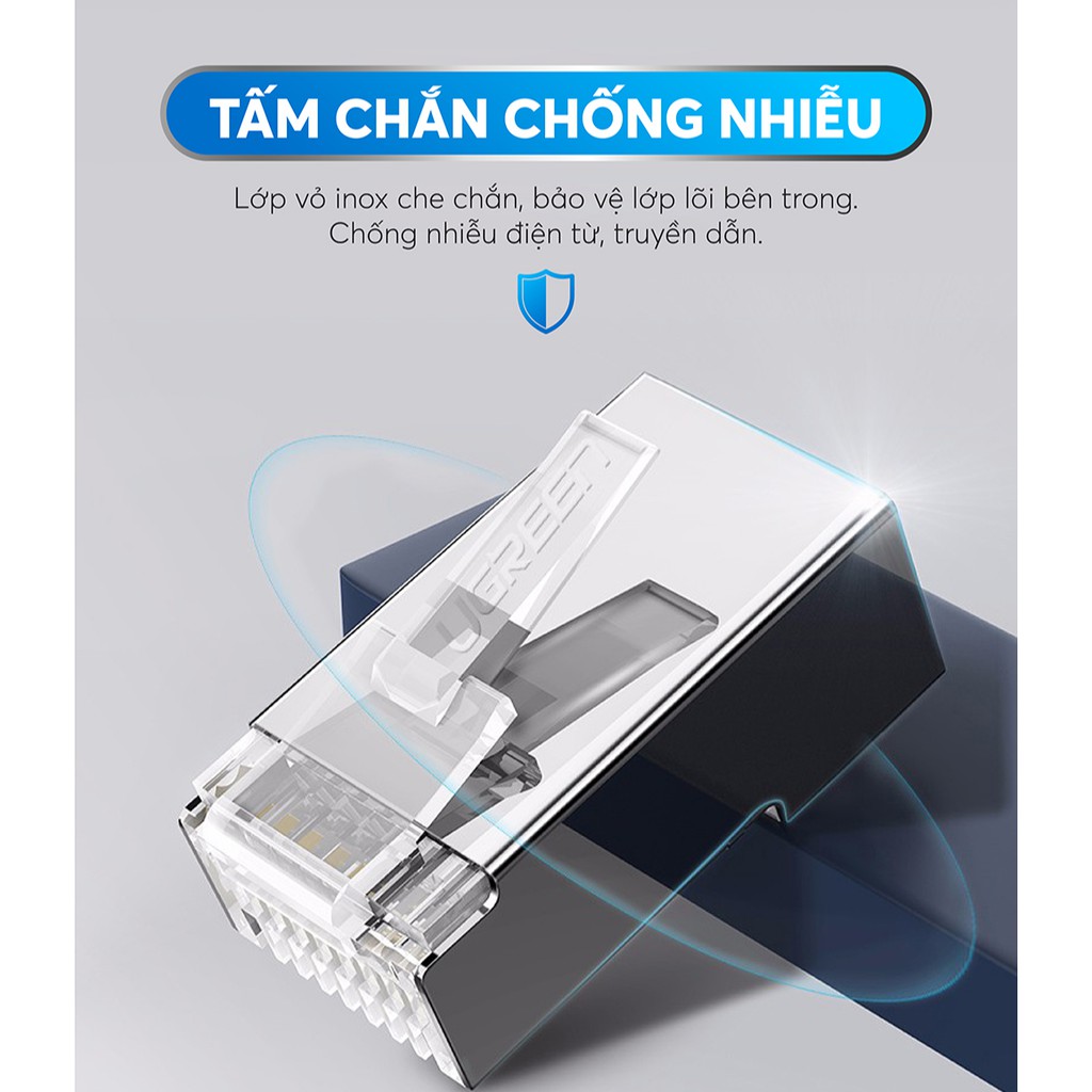 Đầu bấm mạng RJ45 UGREEN NW111 cho dây CAT6, bọc inox chống nhiễu