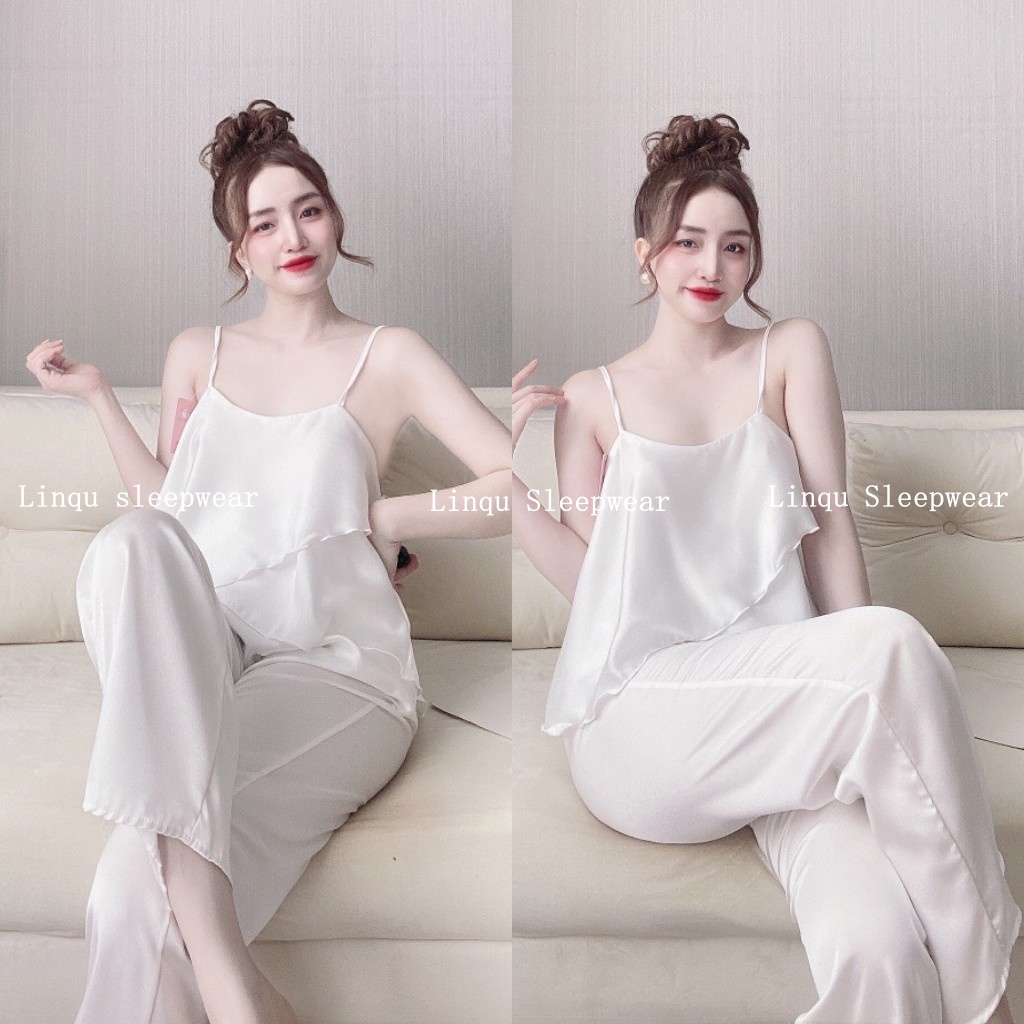 Đồ ngủ sexy 2 dây - Đồ bộ chất lụa satin mặc nhà thoải mái Freesize dưới 58kg Linqu Sleepwear