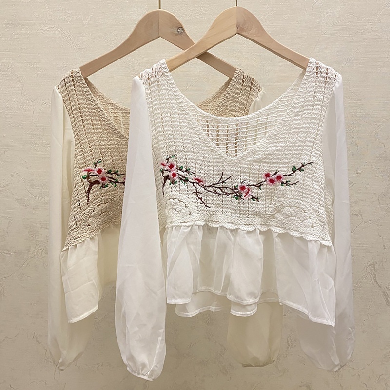 Brroa Áo Thun Đan Móc Tay Phồng Thêu Hoa Kiểu Retro Cho Nữ