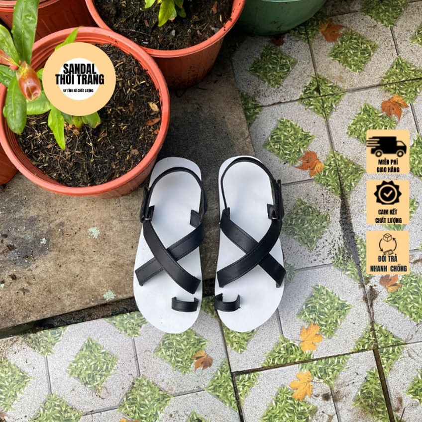 Dép quai hậu nữ nam, SANDALTHOITRANG Dép sandal nữ xỏ ngón quai chéo  A24 Trắng Nâu/Đen full size 30-44