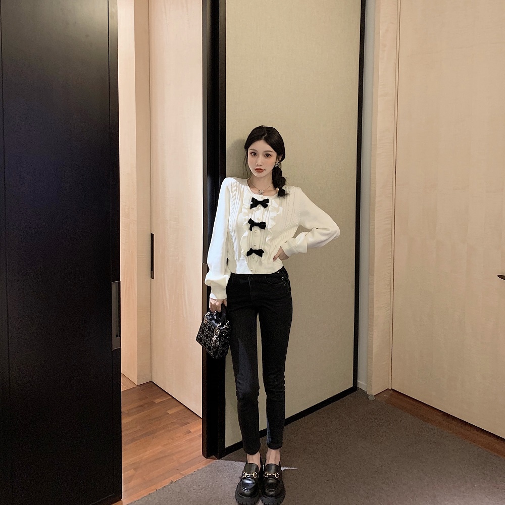 Áo sweater ZHELIHANGFEI dệt kim phối nơ màu đen phong cách phương tây dễ phối đồ dành cho nữ