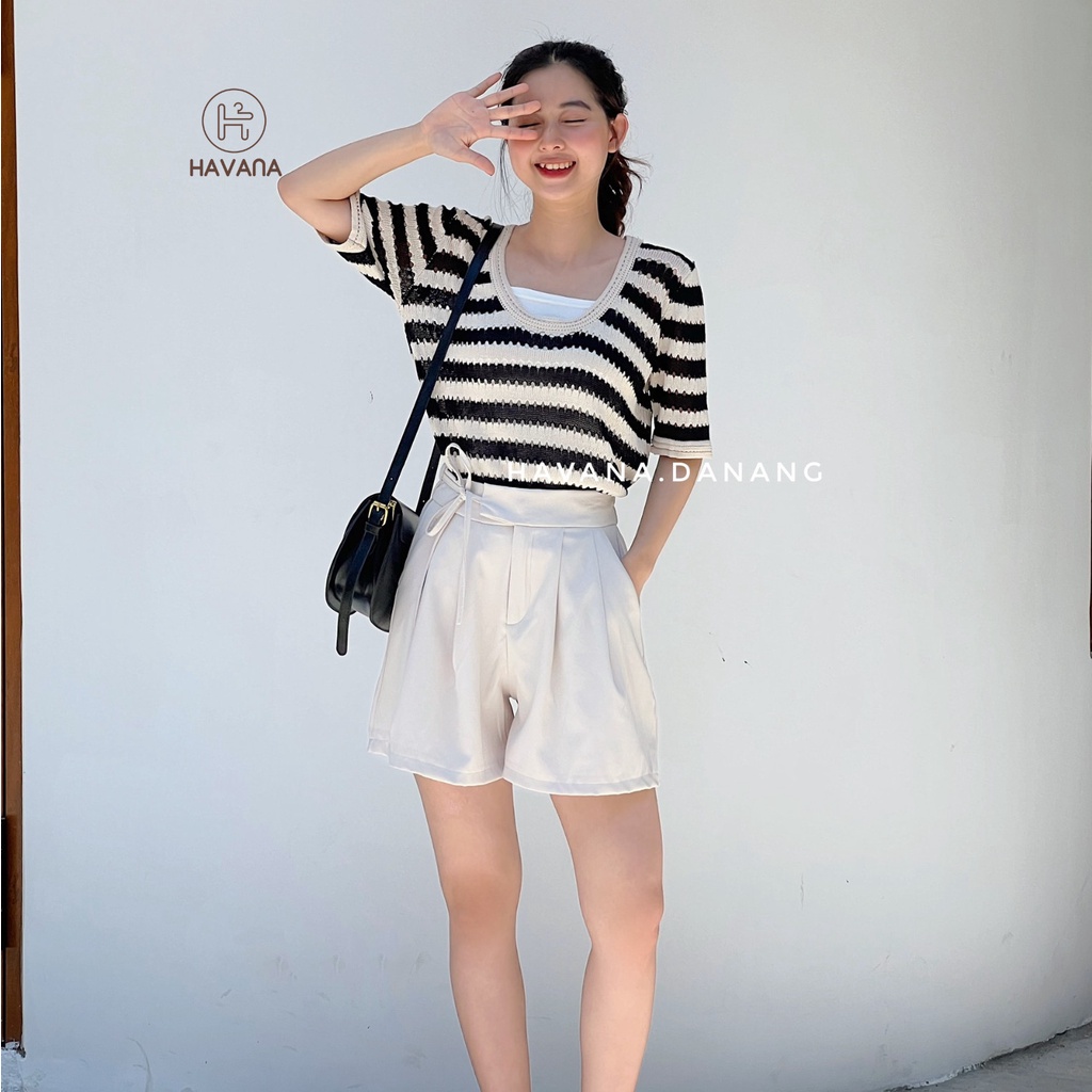 Áo len ngắn tay cổ tròn sọc ngang, áo lỗ cộc tay phong cách AE211