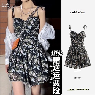 (ORDER) Váy hai dây thắt nơ vai MORAN cúp ngực thon eo xòe ngắn xếp ly màu hoa đen style retro gợi cảm (hàng order hot)
