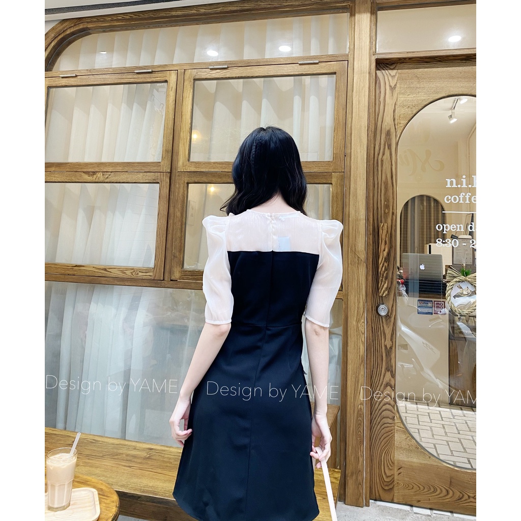 Váy đầm nữ ngắn tay công sở dáng chữ A phối tơ óng cao cấp Suzy Dress YAME