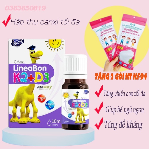 Vitamin lineabon k2 d3 10ml giúp bổ sung vitamin k2 d3 giúp trẻ hấp thụ tối đa canxi để phát triển chiều cao