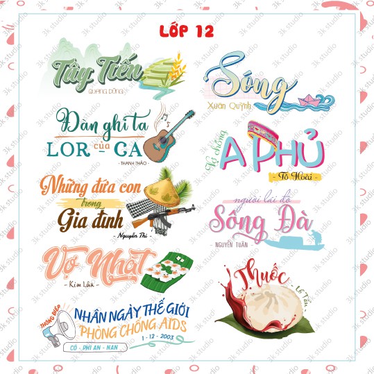 Set 64 sticker Ngữ Văn 12 - Có Tiếng Việt + Đọc thêm - Tem dán tựa bài ngữ văn 12 cả 2 học kì - Sticker văn 12