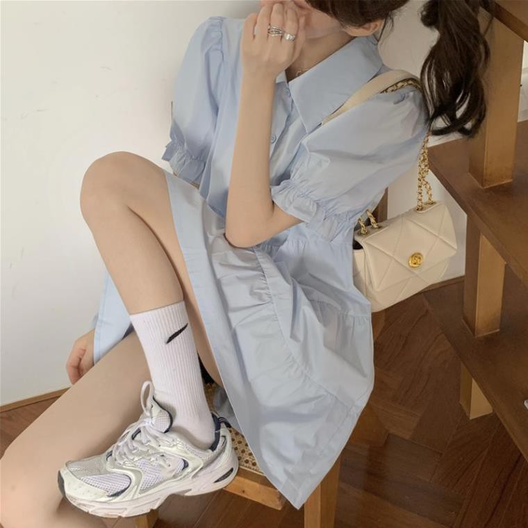 Xiaozhainv Đầm tay phồng/Áo hai dây vải denim kiểu retro xinh xắn cho bạn gái