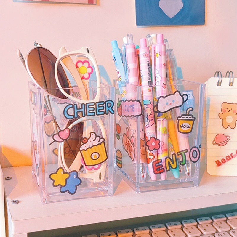 Lọ đựng bút mica trong suốt dễ thương - Ống đựng phụ kiện nhựa trong kèm sticker canary store54