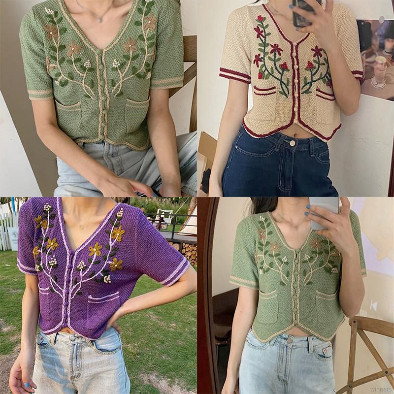 Áo Cardigan Dệt Kim Tay Ngắn Cổ Chữ V Thêu Họa Tiết Vintage Cho Nữ | BigBuy360 - bigbuy360.vn