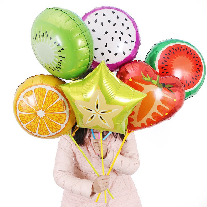 Set 10 bong bóng lá nhôm hình trái cây 45cm + 1 quả dâu tây/cambola + 2 quả dưa hấu + 2 quả Kiwi + 1 miếng dán tường trang trí tiệc cưới/si