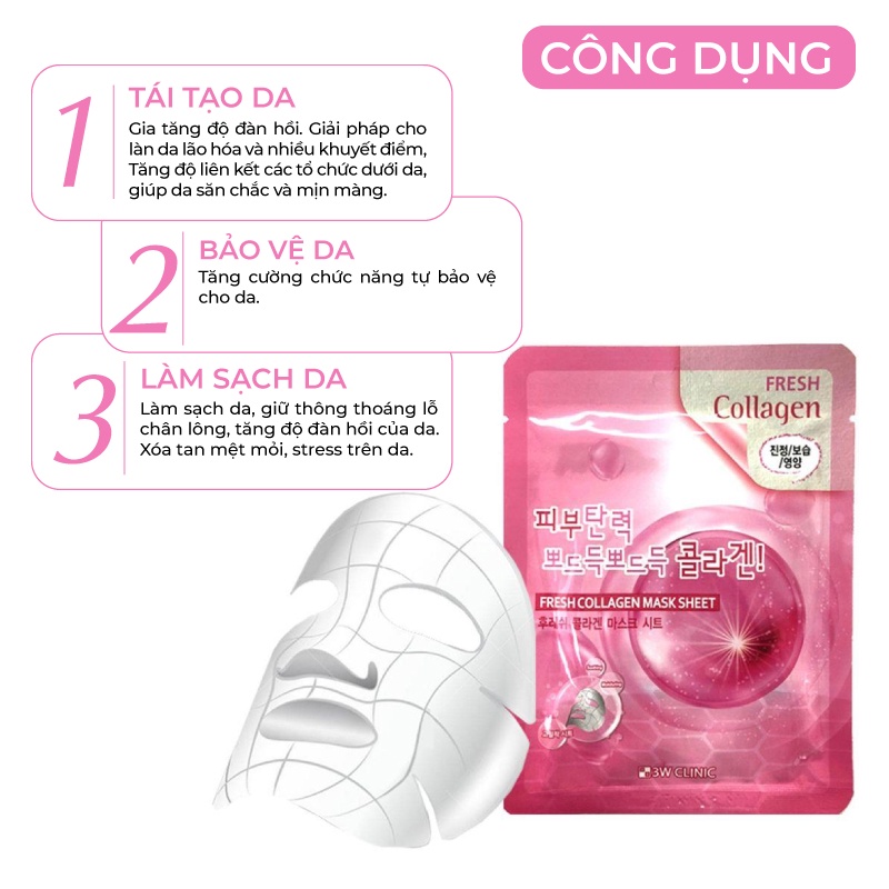 [Lẻ Miếng] Mặt nạ giấy collagen dưỡng trắng da dưỡng ẩm chiết xuất từ tính chất Collagen 3W Clinic Hàn Quốc 23ml