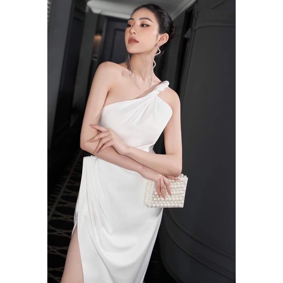 Đầm dạ hội lệch vai xẻ tà nhún eo dự tiệc (HÀNG CAO CẤP ĐẸP Y HÌNH)