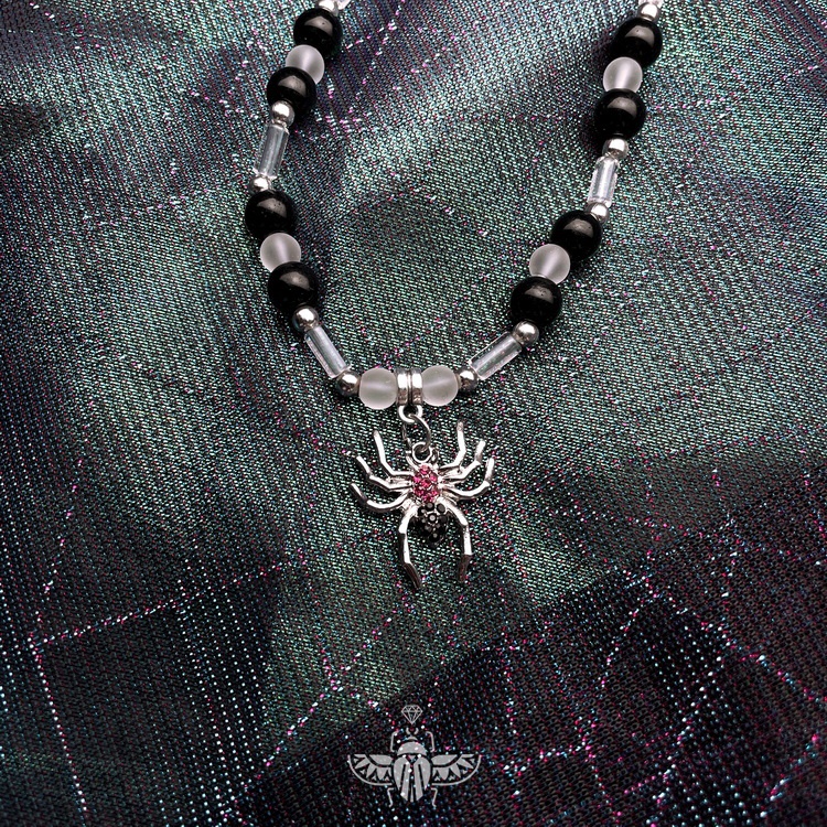 Vòng cổ Hạt Tròn Màu Đen Đính Đá Ruby Ngọc Lam Vân Kim Cương Pha Lê Hình Nhện Dáng Tròn Trẻ Trung Cho Nam Và Nữ