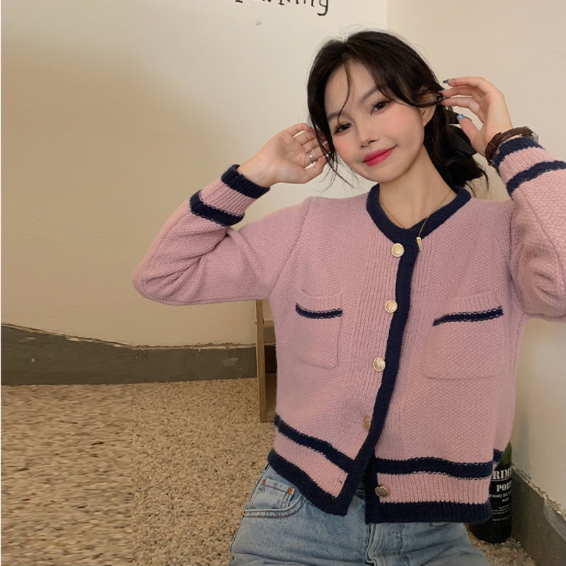 Áo Cardigan Dệt Kim Tay Dài Màu Tương Phản Thời Trang Mùa Thu Mới