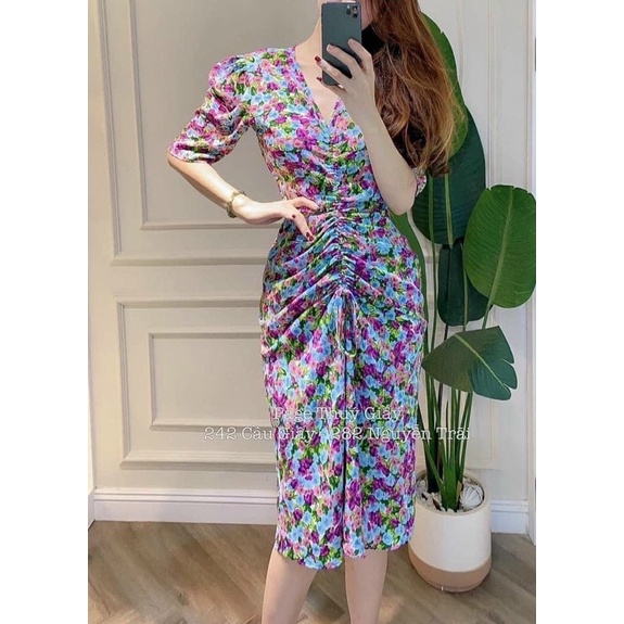 Váy maxi hoa tím đâm tay lửng rút giữa cổ V quyến rũ