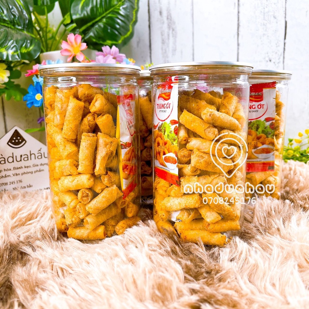 Chả giò sấy mini chấm tương ớt giòn rụm hàng cty VN chất lượng cao lon 300gam