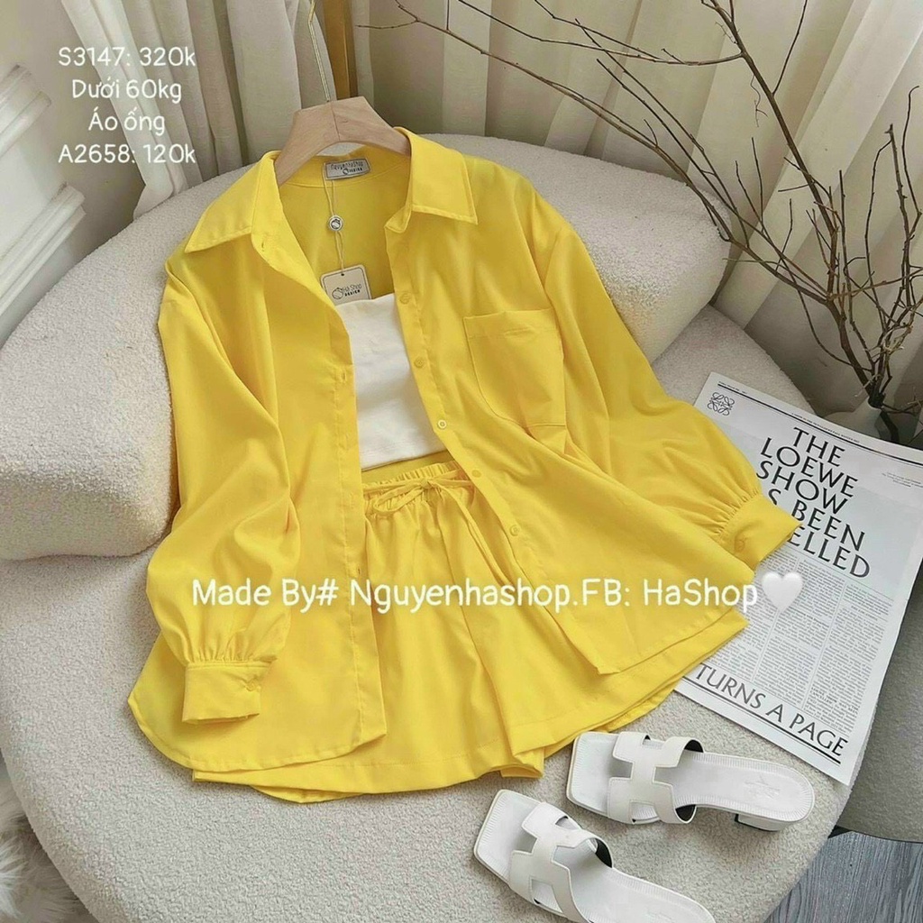 [8.8 Sales Freeship] Set bộ sơ mi đũi trơn màu basic, áo tay dài quần sooc đùi đi biển, đi chơi xinh xắn