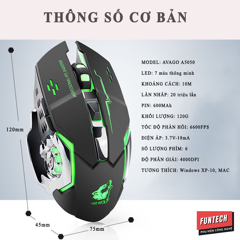 Chuột máy tính không dây Gaming Wolf X8 Pro Led RGB 7 màu siêu đẹp pin sạc thiết kế gọn nhẹ