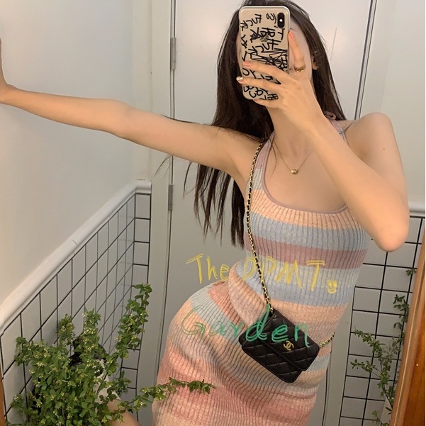 [MURIOKI] Đầm Dệt Kim Hai Dây Mini Ôm Dáng Màu Cầu Vồng Phong Cách Hàn Quốc Cho Nữ