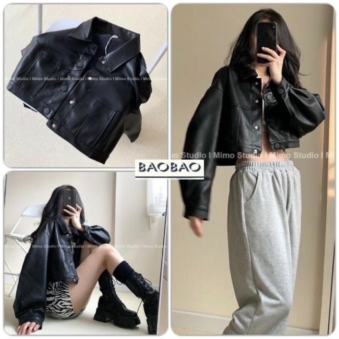 Áo Khoác Da Croptop Nữ , VyvyClothing Khoác cổ V dài tay khuy bấm dáng ngắn, phong cách cá tính