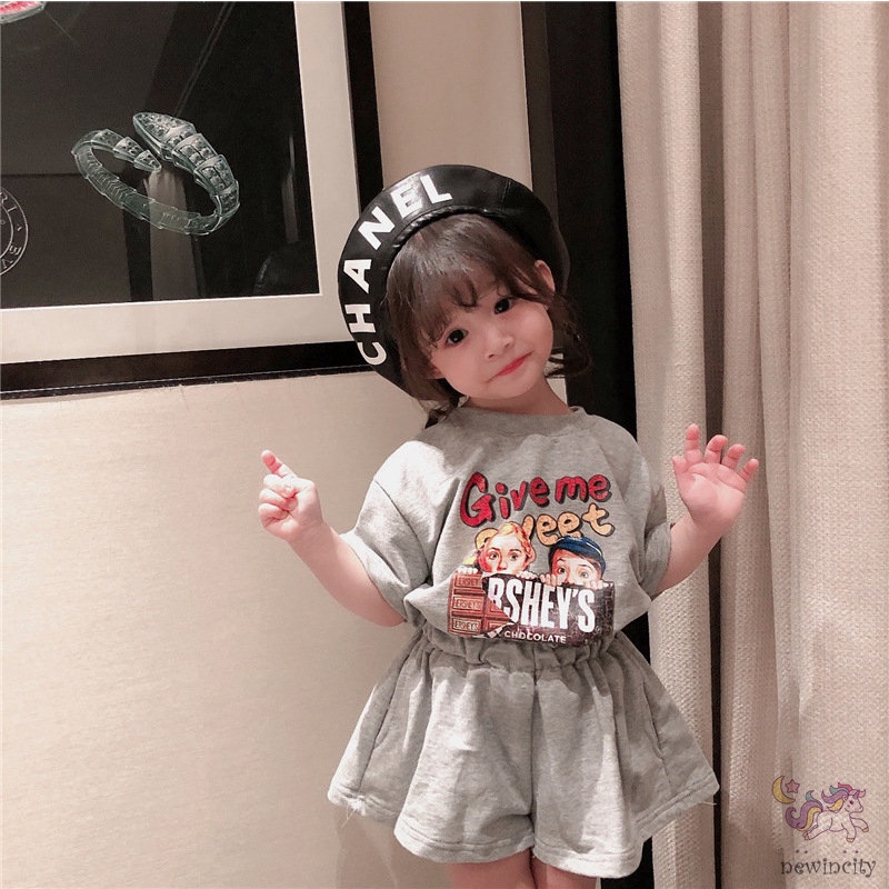 Set Áo Thun Tay Ngắn &amp; Quần Short Cotton In Hoạt Hình Phong Cách Hàn Quốc Cho Bé Gái