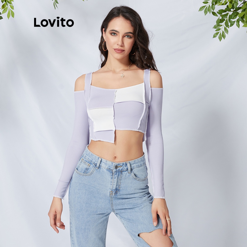 Áo croptop Lovito trễ vai họa tiết kẻ sọc dễ phối đồ L09060 | BigBuy360 - bigbuy360.vn