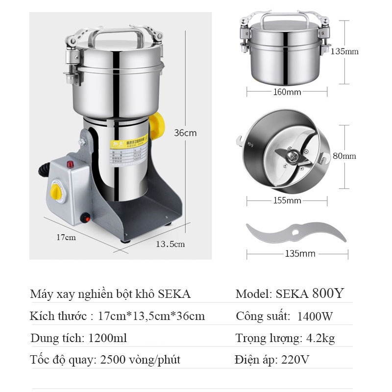 Máy xay bột khô, nghiền bột khô đa năng 800Y  chất liệu INOX 304 cỡ siêu lớn công suất 1400W
