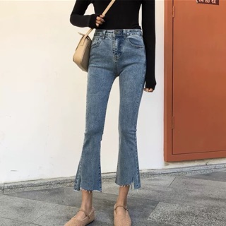 (Order) có bigsize Quần jeans ống loe xẻ lệch 2019