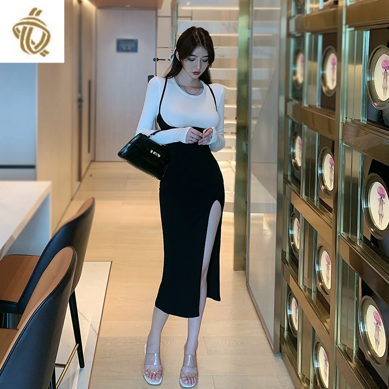 Set Áo Thun Tay Dài Phối Váy Yếm Xẻ Tà Thời Trang Mùa Thu 2022 Mới Cho Bạn Gái