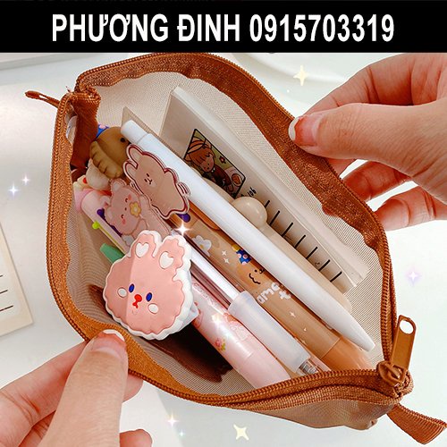 Hộp bút lưới, túi đựng bút trong suốt, bóp viết Gấu nâu dễ thương