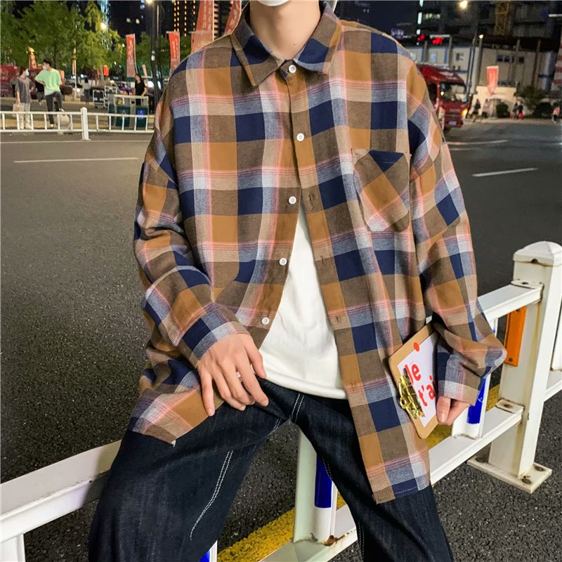 Men Long Sleeve Shirts Turn-down Collar Unisex Large Size Plaid Tops Korean Style Vintage Loose Shirt Students All-match Chic New Cotton Clothes Men's Fashion Jacket