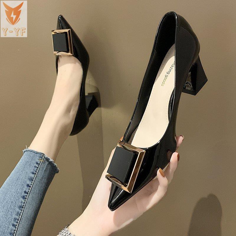 [High quality]High heels women 2021 new single shoes women spring all-match shallow mouth square buckle thick heel shoes women black ol work shoes