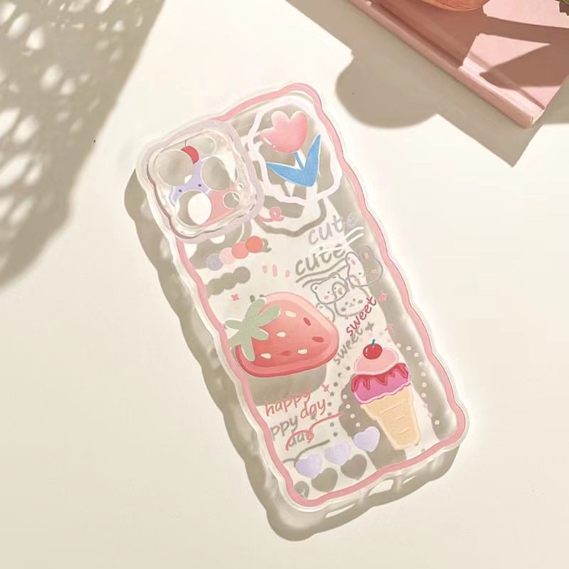 (SIÊU RẺ) Ốp lưng iphone viền sóng quả dâu tây que kem happy day 7plus/8/8plus/x/xr/xs/11/12/13/pro/max/plus/promax