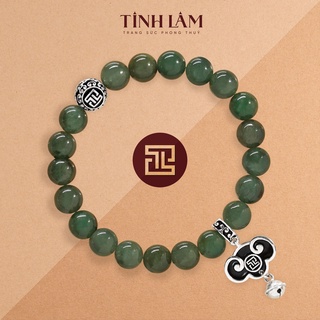 Tinh lâm vòng tay phong thủy cẩm thạch xanh 7,5 li - charm bạc lục lạc