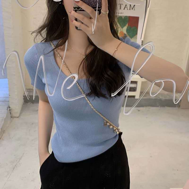Áo Thun Tay Ngắn Cổ Vuông Bằng Lụa Lạnh Thời Trang 2023 Cho Nữ