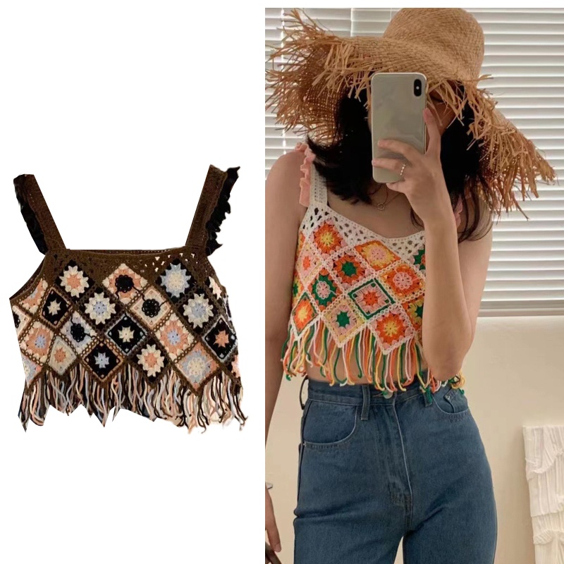 Áo Croptop Hai Dây Dáng Rộng Họa Tiết Hình Học Phối Tua Rua Nhiều Màu Sắc Thời Trang Đi Biển Cho Nữ