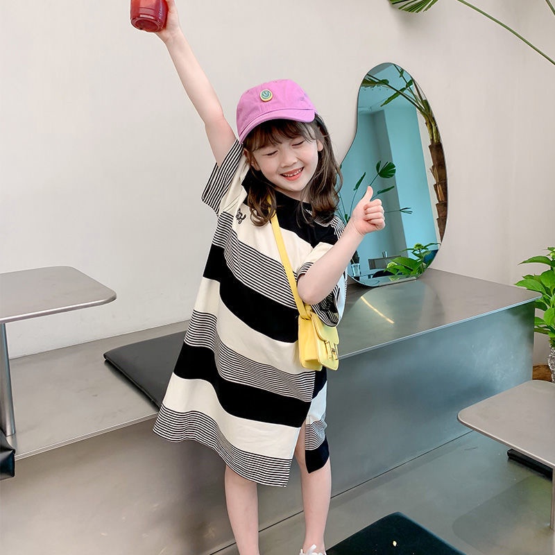 Đầm Thun Tay Ngắn Họa Tiết Kẻ Sọc Phong Cách Hàn Quốc Thời Trang Mùa Hè Xinh Xắn Cho Bé Gái