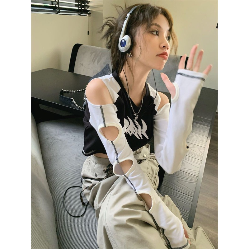 Áo Thun Trễ Vai Tay Dài Màu Đen Phong Cách Retro Mỹ Thời Trang Mùa Thu Quyến Rũ Cho Nữ