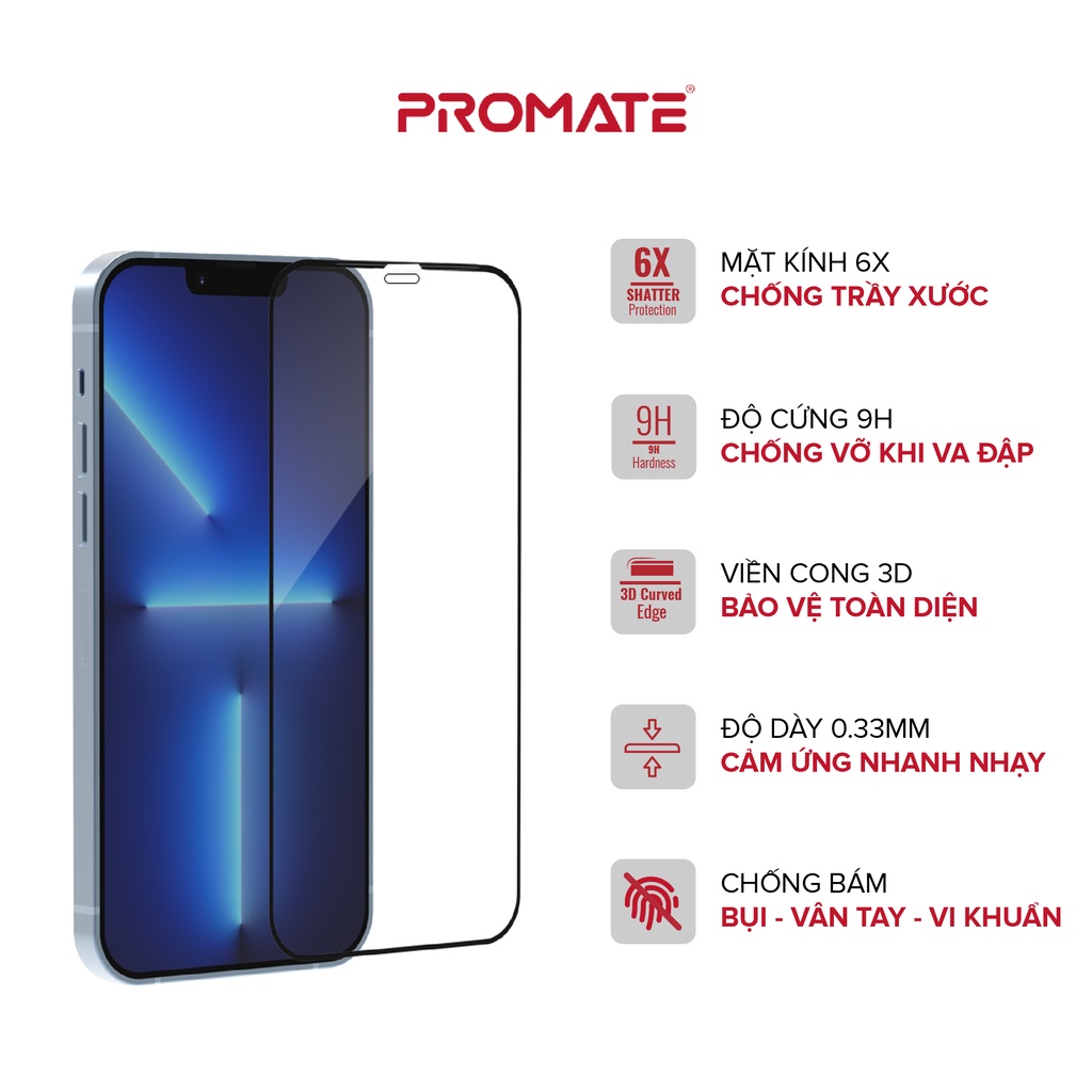 Kính Cường Lực Trong Suốt PROMATE Crystal - 3D Bảo Vệ Full Màn Hình, Chống Chói Cho Các Dòng iPhone 11,12,13 / Pro / Pro