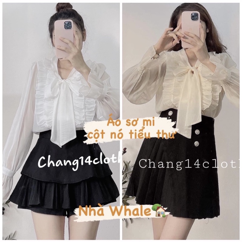 [Ảnh thật]- Áo sơ mi bèo cổ phối nơ tiểu thư chất voan tay bồng siêu vintage