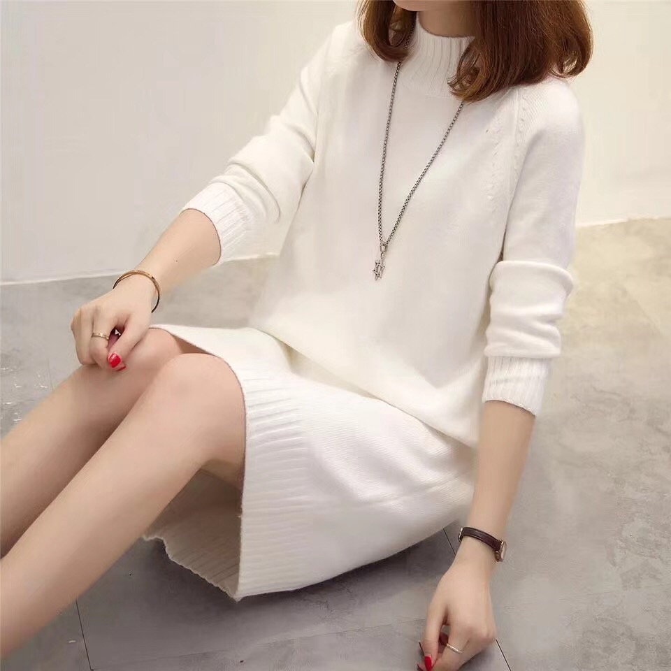 Đầm Sweater Cổ Lọ Tay Dài Dáng Rộng Màu Trơn Thời Trang Thu Đông Phong Cách Hàn Quốc Cho Nữ