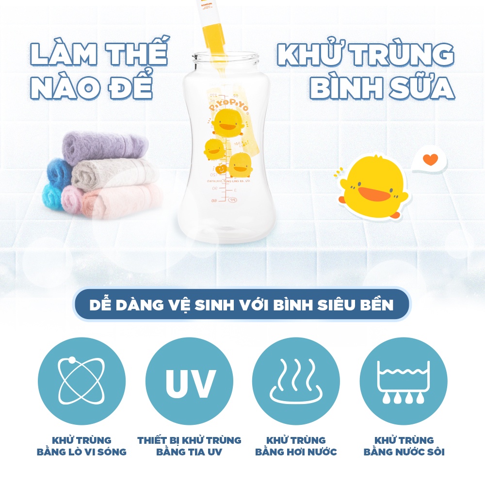 Bình sữa cổ rộng Piyo Piyo 270ml thân bình cong dễ cầm, nhựa PP không chứa BPA