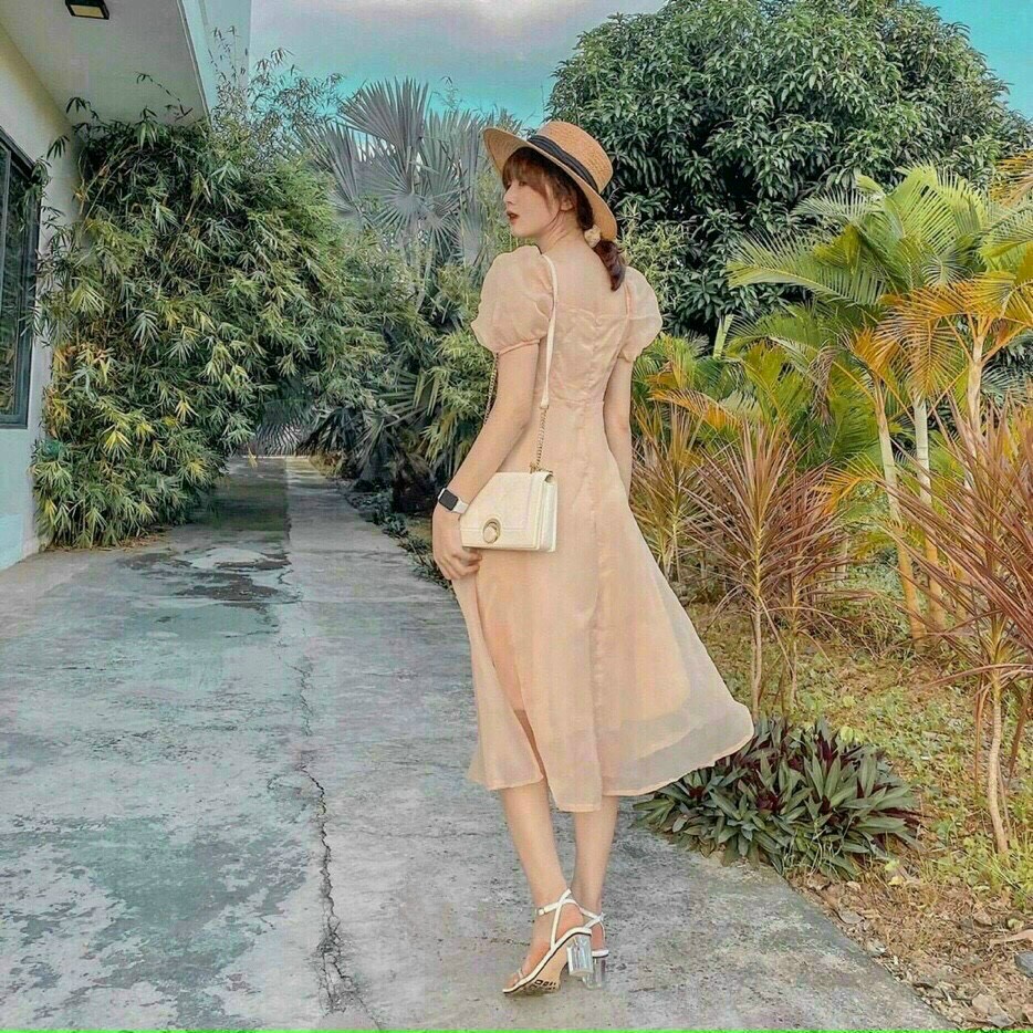 Đầm tiểu thư voan tơ cổ vuông tay phồng dáng xoè dài, váy đầm nữ đính nút công chúa dư tiệc sang trọng