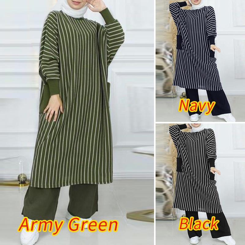 ZANZEA Set Áo Tay Dài Kẻ Sọc Và Quần Dài Lưng Thun Thời Trang Cho Phụ Nữ Hồi Giáo