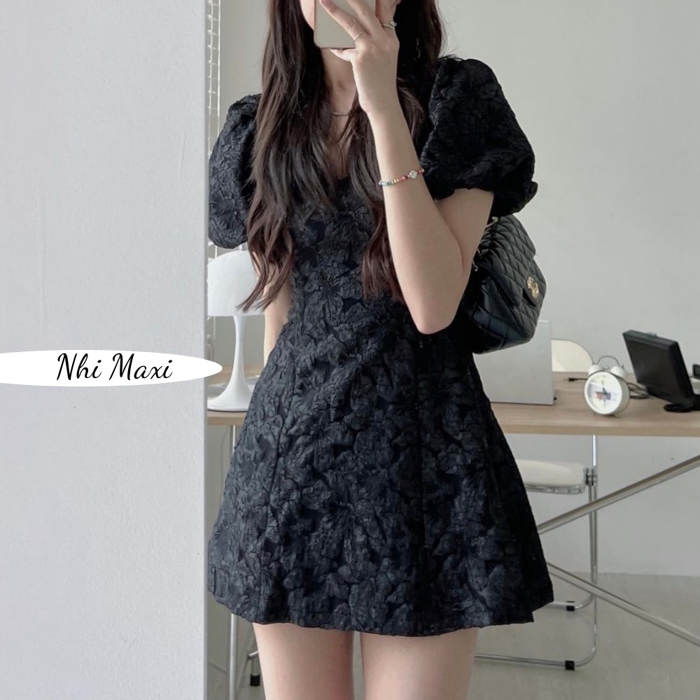 Váy gấm hoa ly thiết kế cổ V phối tay phồng xinh xắn
