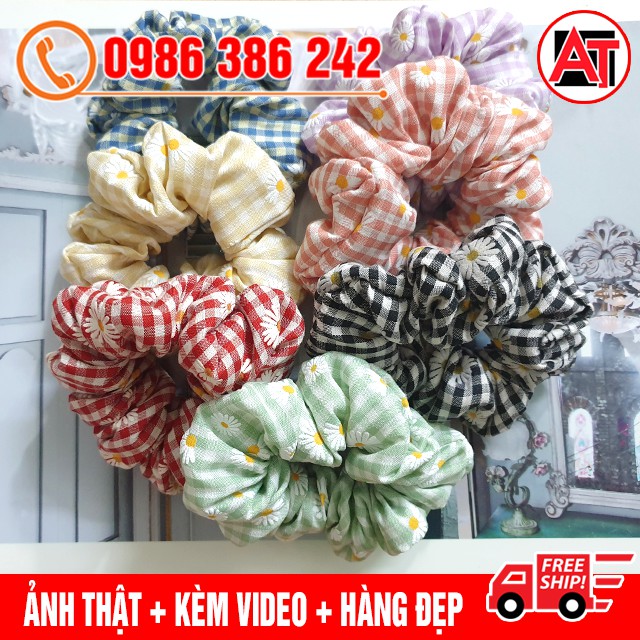 ⚡ [BÁN SỈ] Dây Buộc Tóc Scrunchies Vải Thô Caro Hoa Cúc (Cột Tóc Scunchies) Hàn Quốc Cho Nữ