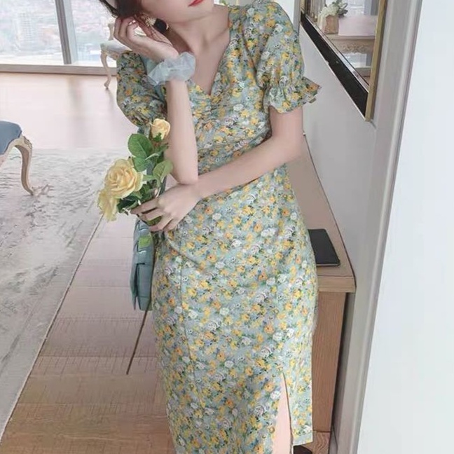 Đầm Nữ Dáng Dài Họa Tiết Hoa Cúc Nhỏ Phong Cách Pháp Thời Trang Mùa Hè Mới