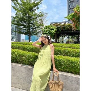 ĐẦM LILY - Đầm Nữ Yếm Cổ Đan, Màu Xanh Cốm, Maxi Đi Biển